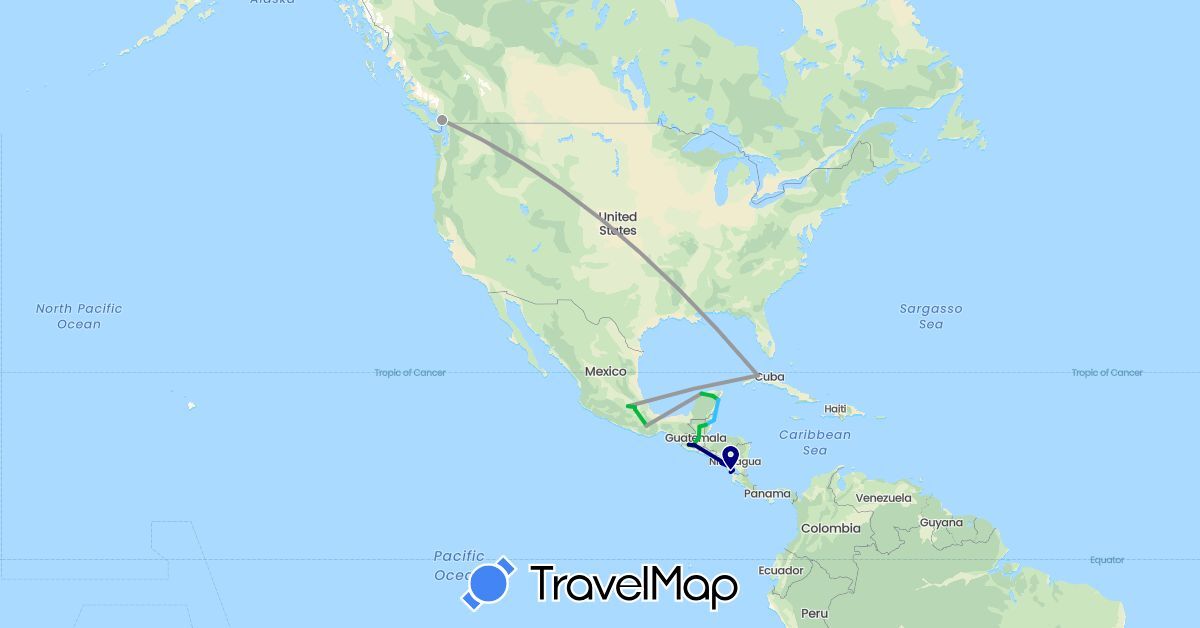 TravelMap itinerary: driving, bus, plane, boat in Belize, Canada, Cuba, Guatemala, Mexico, Nicaragua (North America)